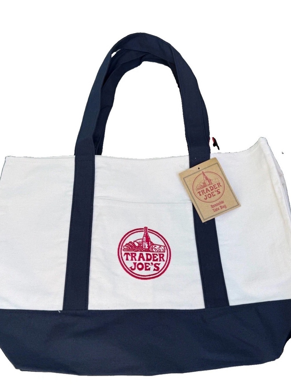 Trader Joe’s Navy Cream White Classic Large Canvas Tote Bag NWT Limited Viral